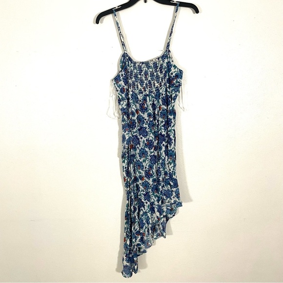 NEW Angie Rosette Trim Bodice Asymmetrical Hem Floral Dress Blue Multi Size L - Picture 3 of 7